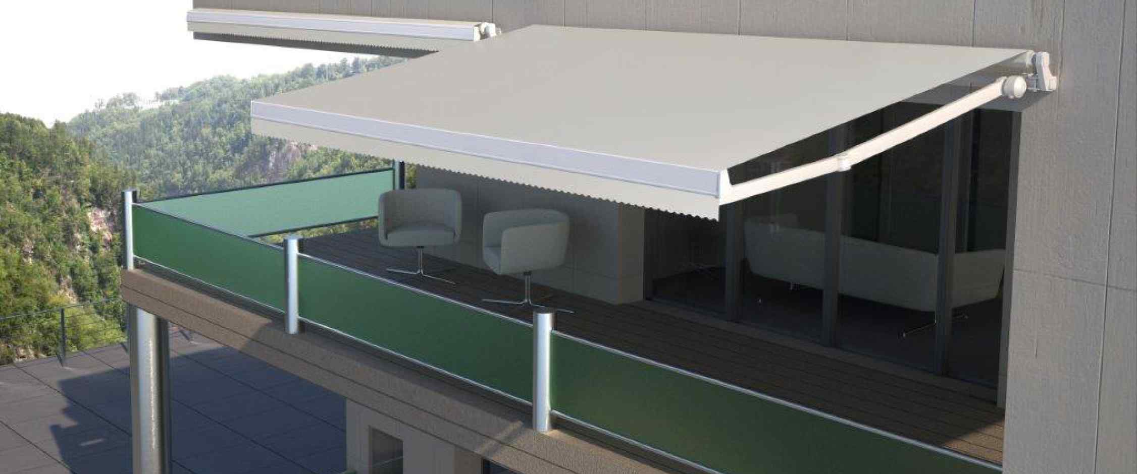 Toldo Veranda, modelo Eos con lona guiada y tensada para uso en terrazas y techos de cerramientos con accionamiento eléctrico y automático.